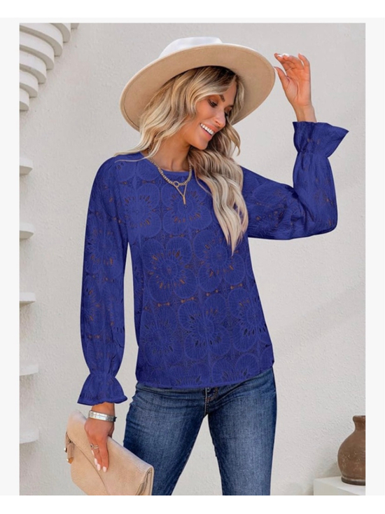 LUXVEER Tops - NEW Blue Long Sleeve Eyelet Lace Career Embroidered Blouse M